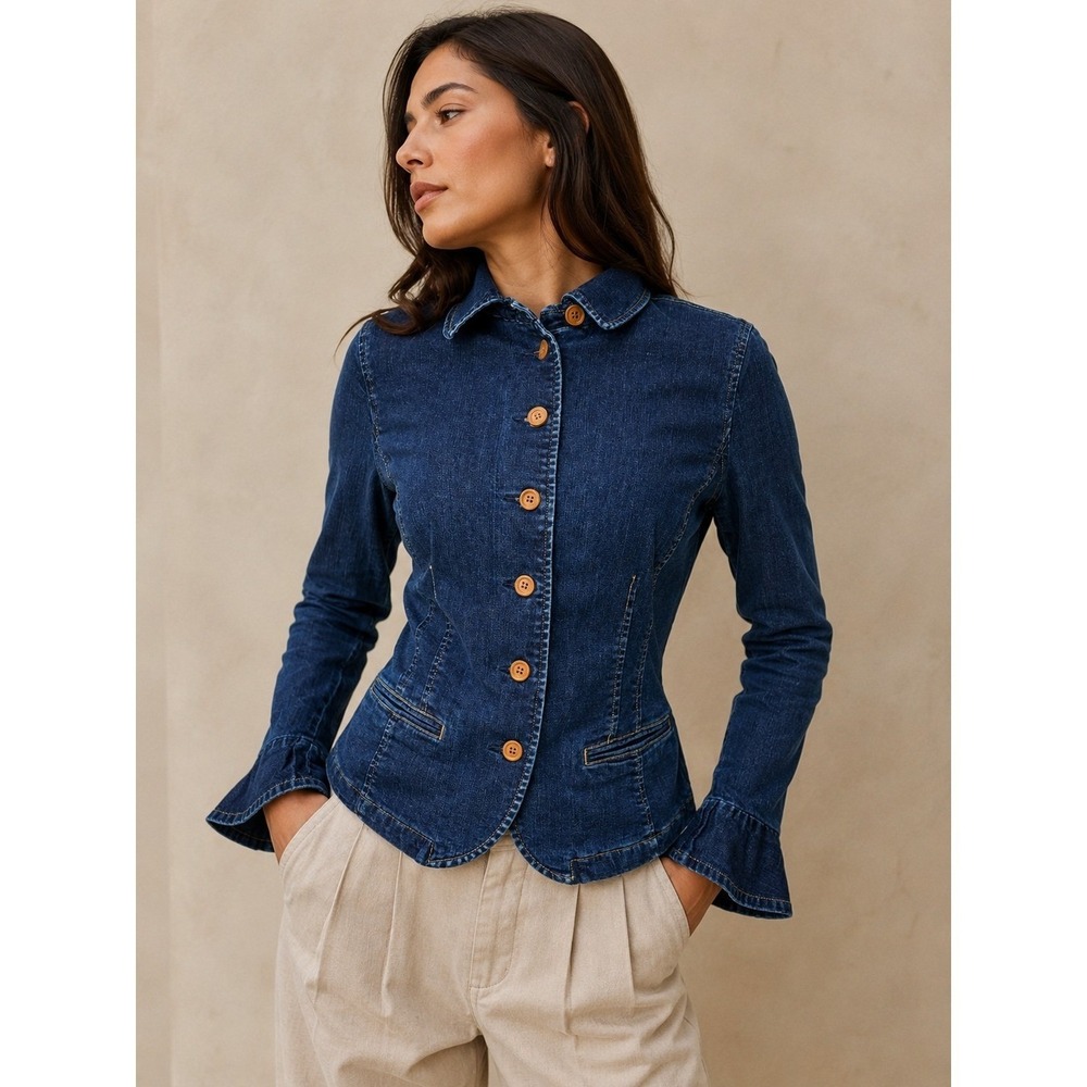 Lauren Ralph Lauren Denim Jacket Dark Wash Ruffle Cuff Button Down Blue Size 10
